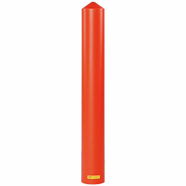 A red Eagle Manufacturing bollard cover with a yellow label.