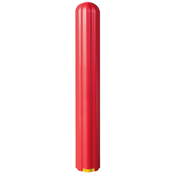 A red fluted bollard cover with a white stripe and yellow label.