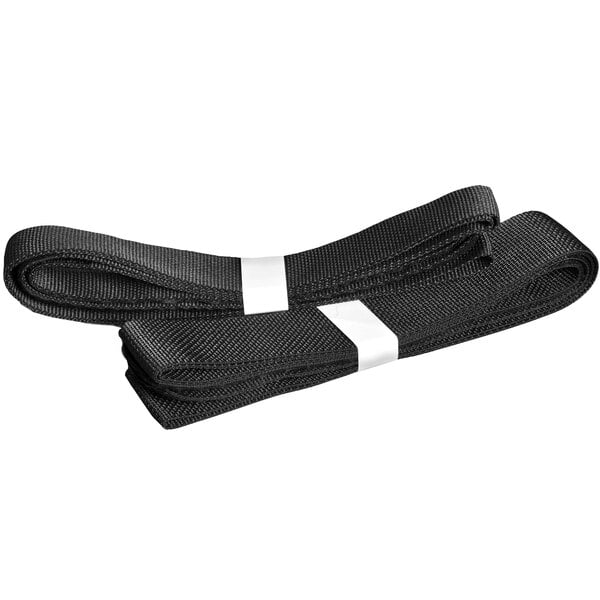 A pair of black nylon straps with white stripes.