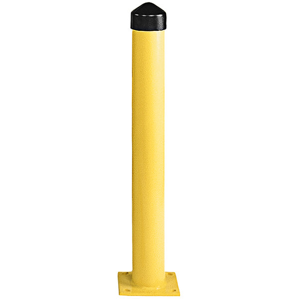 A yellow steel bollard post with a black cap.