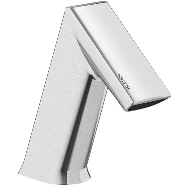 A Sloan polished chrome faucet with a curved neck and double sensors.