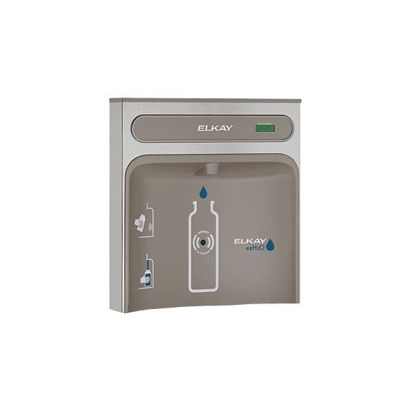 A Zurn Elkay stainless steel non-refrigerated bottle filling station with a blue button over a water bottle.