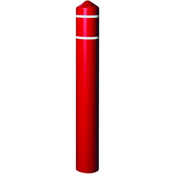 A red cylindrical Eagle Manufacturing bollard cover with white stripes.