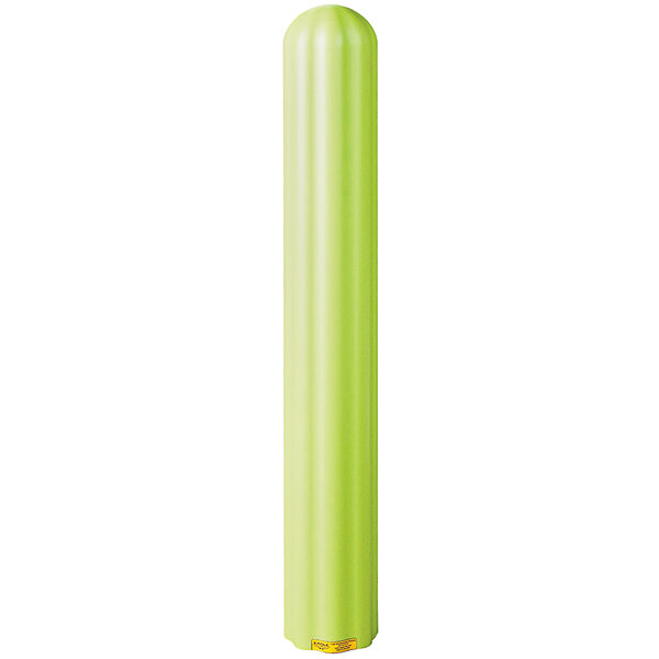 A lime green fluted plastic bollard cover with black lines.