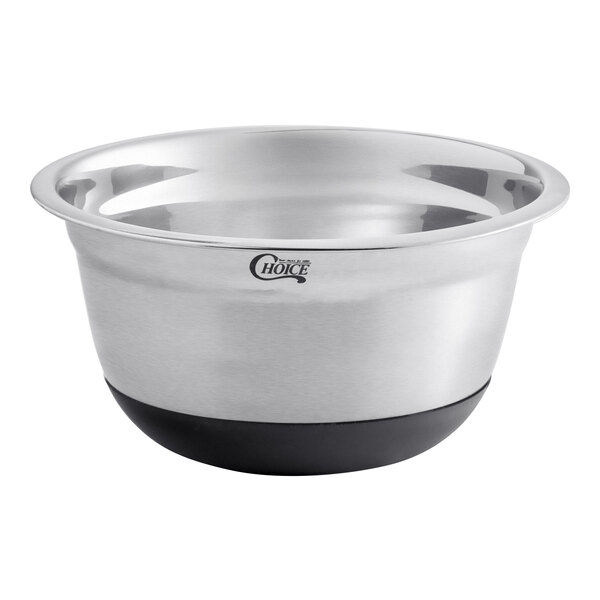 A silver stainless steel mixing bowl with black silicone bottom and handles.