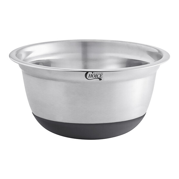 A silver stainless steel mixing bowl with black silicone bottom and black handles.