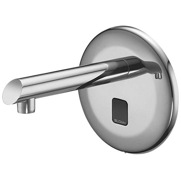 A Sloan Optima polished chrome hands-free wall-mounted double sensor faucet.