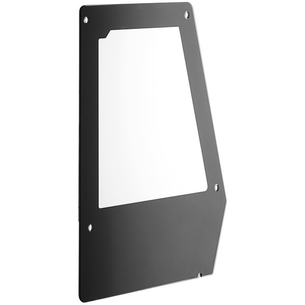 A black metal door frame with a rectangular glass window.
