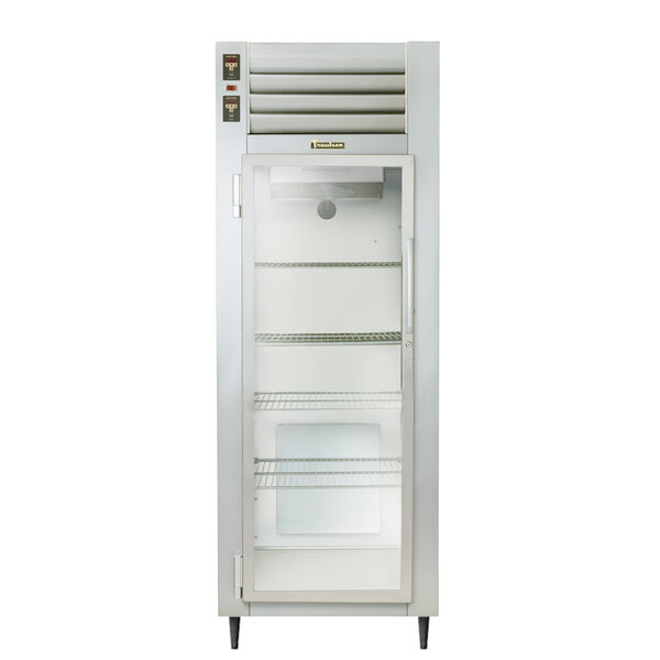 A Traulsen stainless steel reach-in refrigerator with glass doors on a white background.