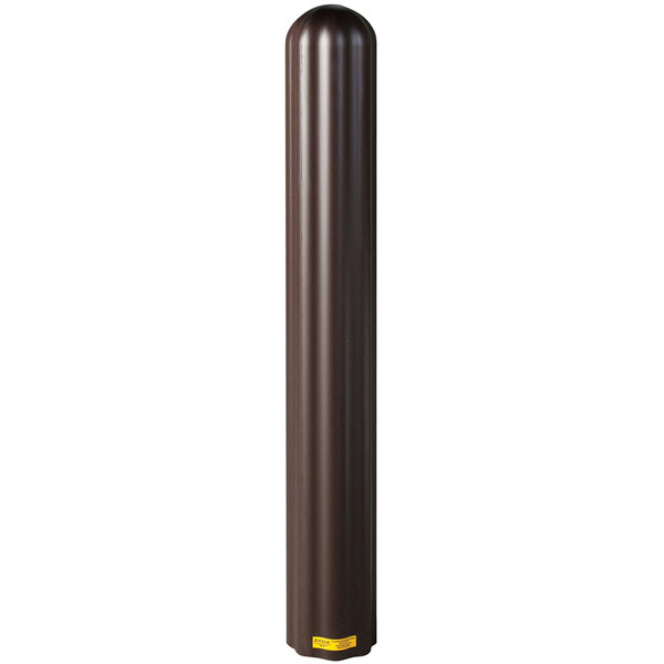 A brown cylindrical Eagle Manufacturing bollard cover with black lines and a yellow label.