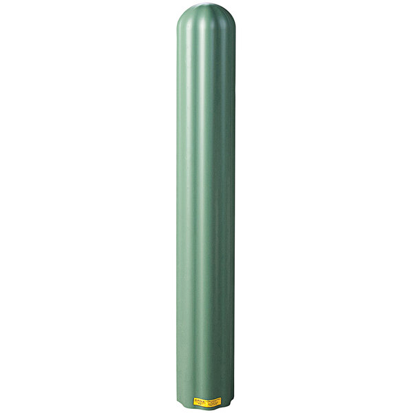 A green cylindrical Eagle Manufacturing fluted bollard cover with a yellow label.