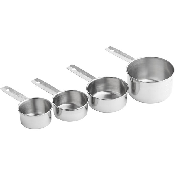 A group of silver Tablecraft stainless steel measuring cups.