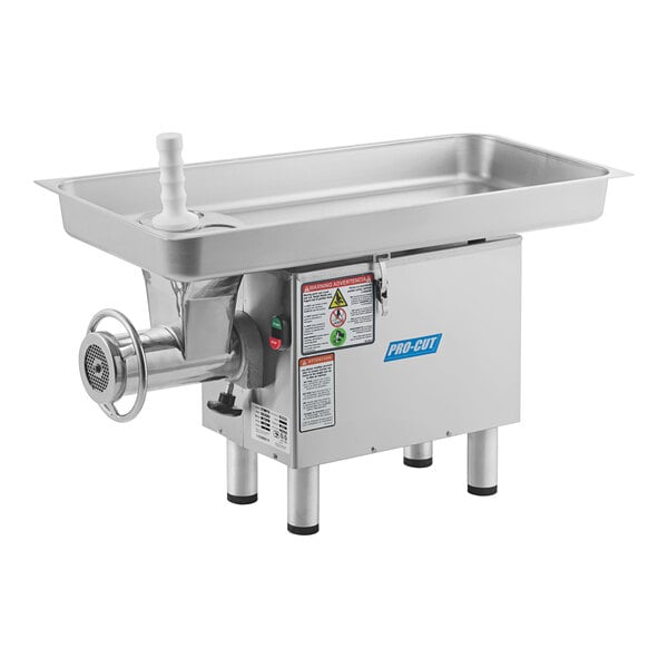 A ProCut stainless steel electric meat grinder on a white background with a metal tray.