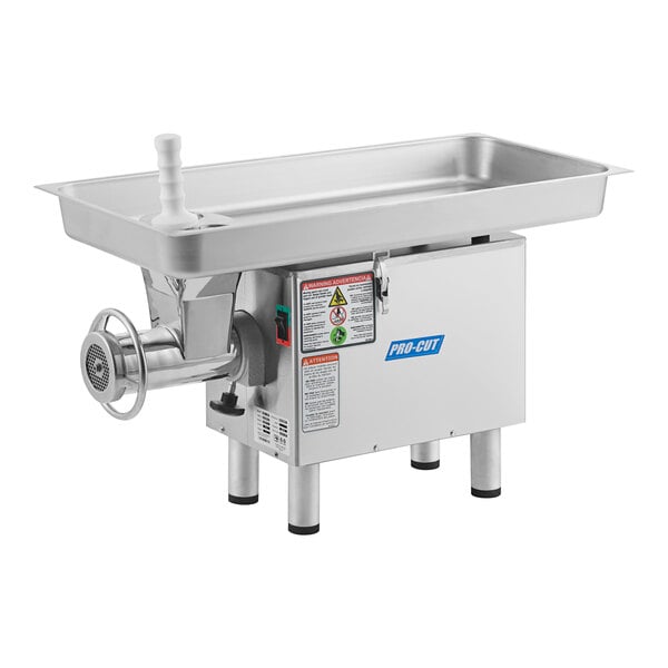 A ProCut stainless steel meat grinder with a metal tray.