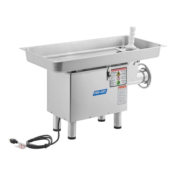A ProCut stainless steel electric meat grinder on a counter.