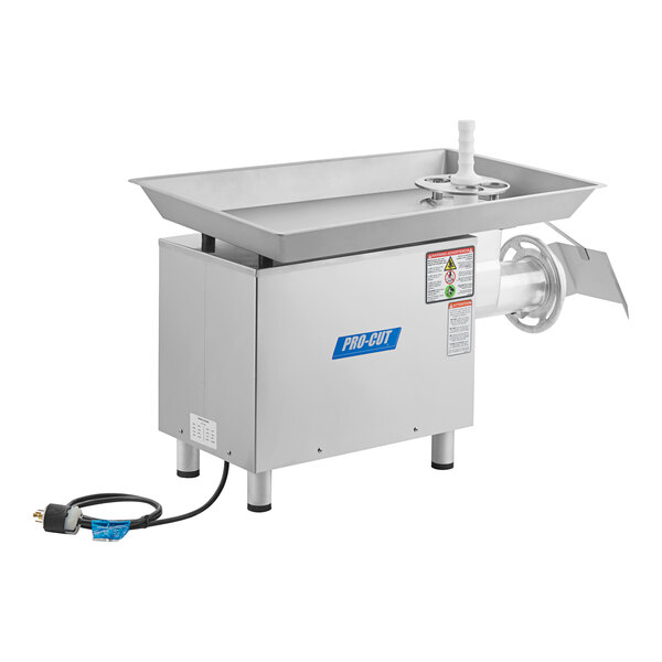 A ProCut KG-32 meat grinder with stainless steel plates.