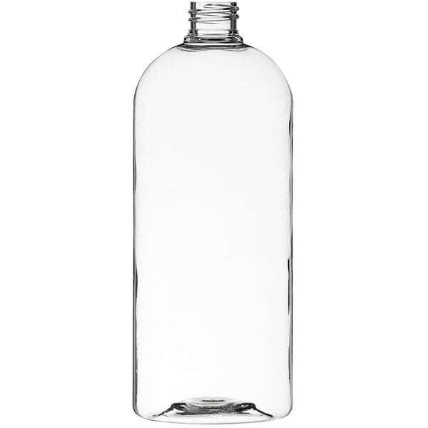 A clear 32 oz. Boston Round PET bottle with a nozzle.