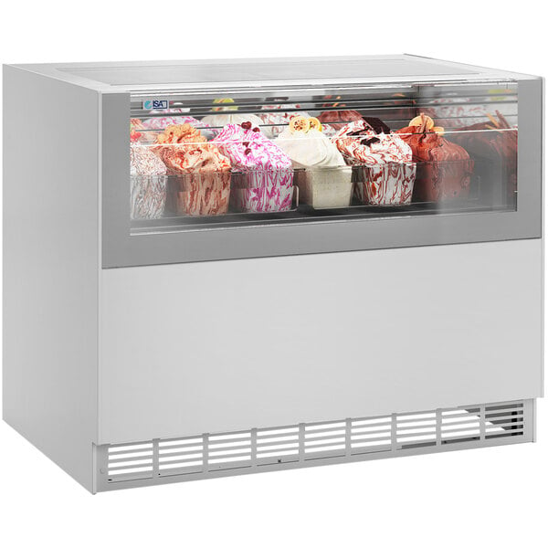 An ISA Oneshow gelato freezer with containers of gelato inside.