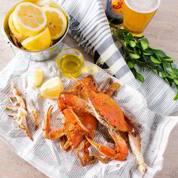 An Extra Large seasoned steamed blue crab on newspaper with lemons and a bucket of beer.