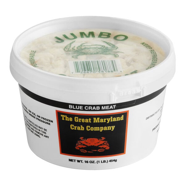 A 1-pound container of Chesapeake Crab Connection Fresh Jumbo Lump Blue Crab Meat from The Great Maryland Crab Company.