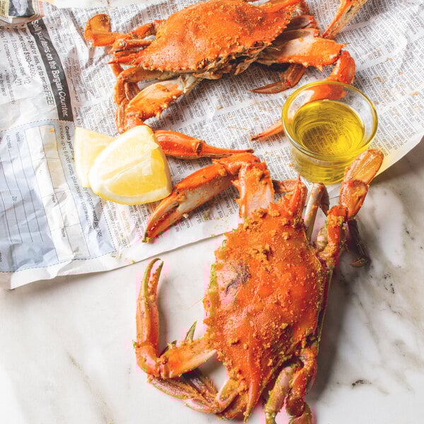 Two cooked Chesapeake Blue Crabs on a newspaper.