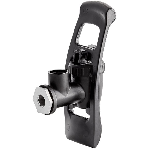 A black plastic spout valve assembly with a nut.