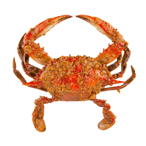 A small/medium extra seasoned steamed blue crab with red sauce on it.