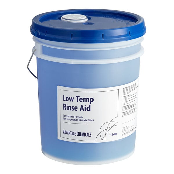 A blue and white plastic container of Advantage Chemicals Low Temperature Concentrated Dish Washing Machine Rinse Aid with a blue lid.