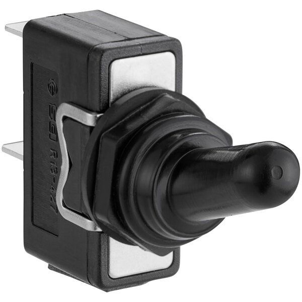 A black and silver toggle switch with a white background.