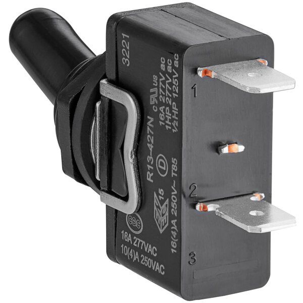 A black Hamilton Beach toggle switch with two wires and an orange light.