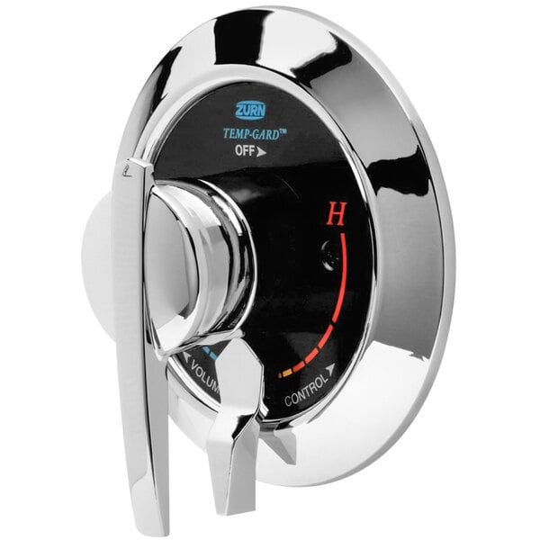 A Zurn chrome and black shower valve temperature control with a blue button.