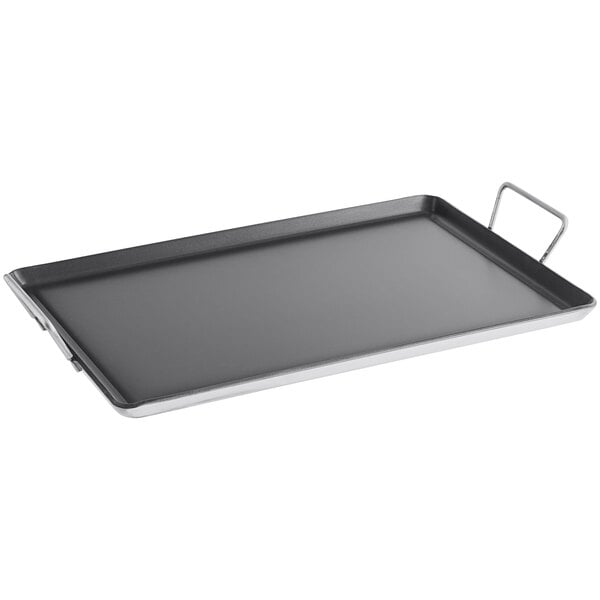 A rectangular black and silver Vigor portable griddle with a handle.