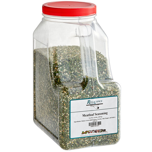 A large plastic container of Regal Meatloaf Seasoning.