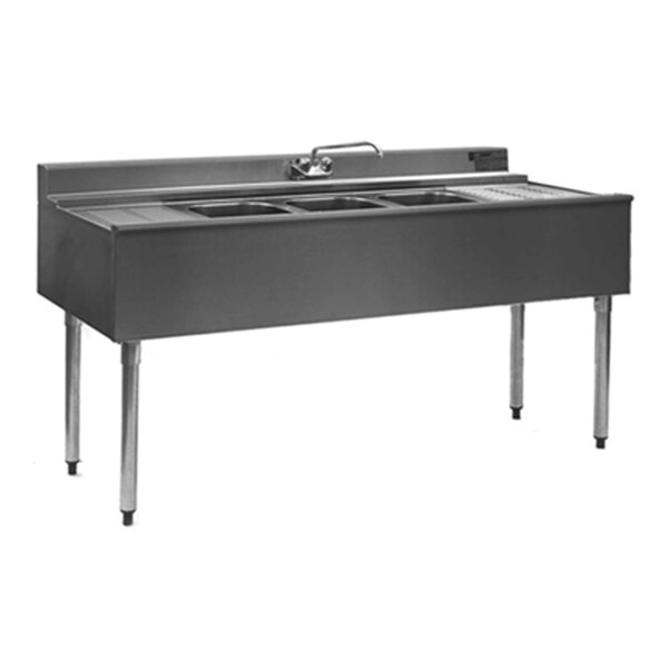 A large stainless steel sink unit with three compartments and two drainboards, supported by four legs.