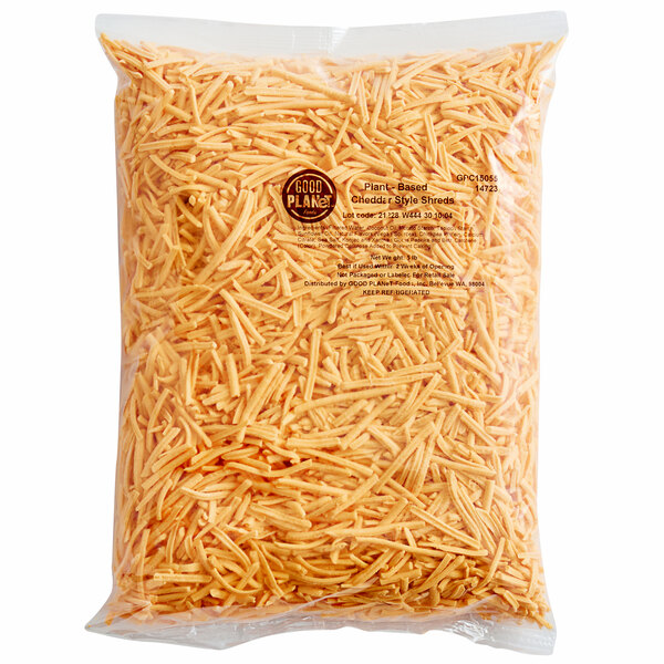 A bag of GOOD PLANeT Plant-Based Vegan Cheddar Cheese Shreds.