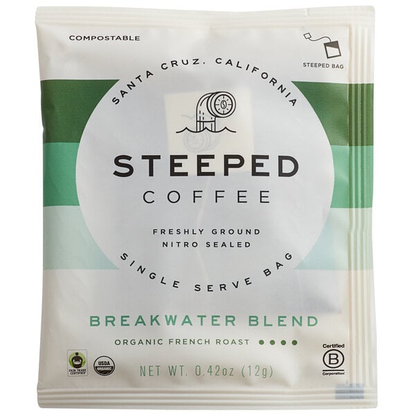 A white and green Steeped Coffee bag with a white label featuring the text "Breakwater Blend" and a white circle.