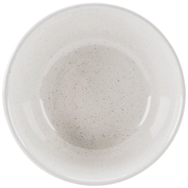 A white bowl with blue speckles on it.