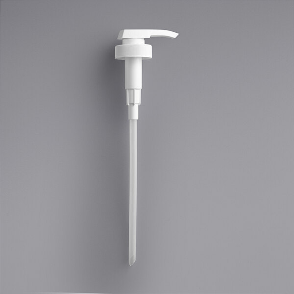 A white plastic pump with a white tube and cap.