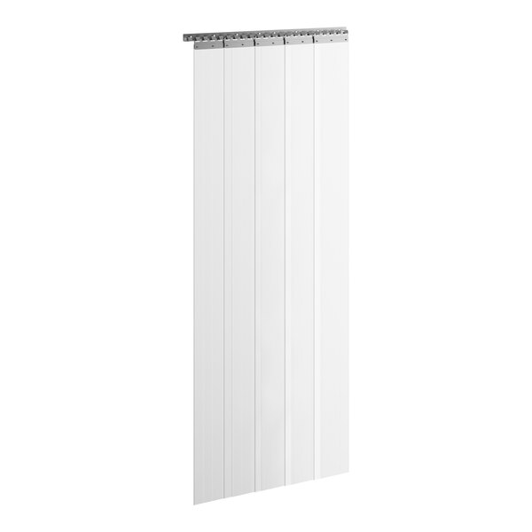 A white vertical panel with silver metal hinges.