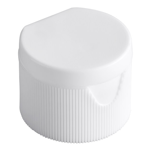 A white plastic flip top bottle cap with a ribbed side and smooth top.