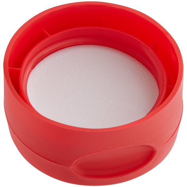 A red round container with a white lid and a red pressure sensitive liner.