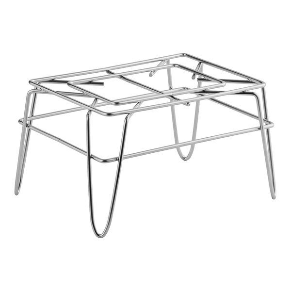 A rectangular steel wire rack merchandising stand with four legs and an open frame design.
