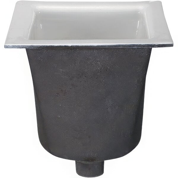 A black square Zurn floor sink with a white bowl inside.