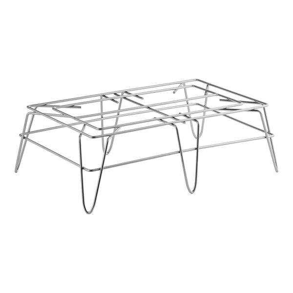 A rectangular steel wire rack merchandising stand with four legs and a grid top.