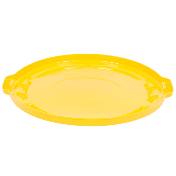 A yellow plastic lid for a yellow Rubbermaid trash can.