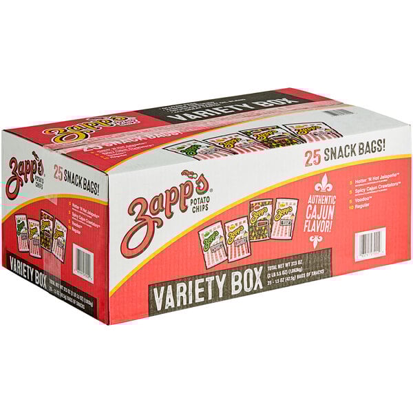 A case of Zapp's Potato Chips variety boxes.
