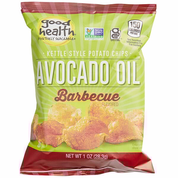 A close up of a bag of Good Health Avocado Oil Barbecue Kettle Chips.