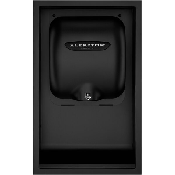 A black rectangular Excel XLERATOR hand dryer recess kit with a white logo.