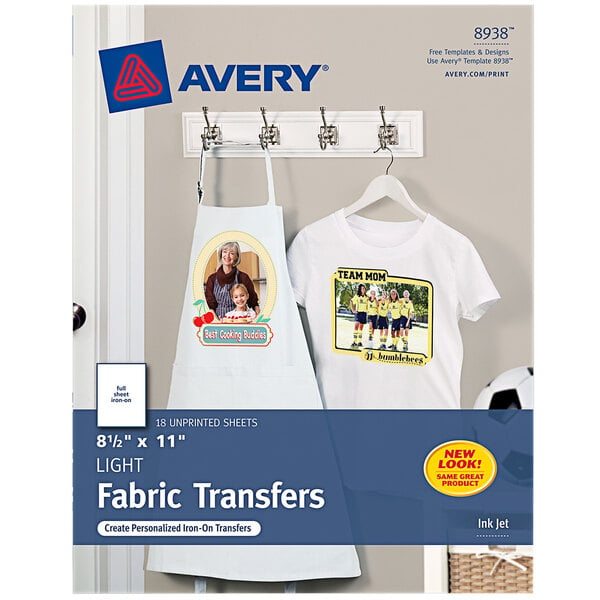 A package of Avery fabric transfers for light fabrics on a white background with an apron and shirt with a picture of a woman and child.