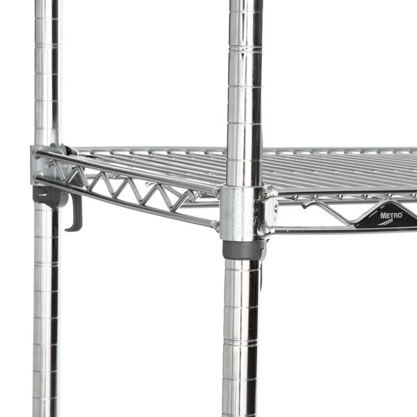 A Metro chrome wire shelving unit with four shelves.